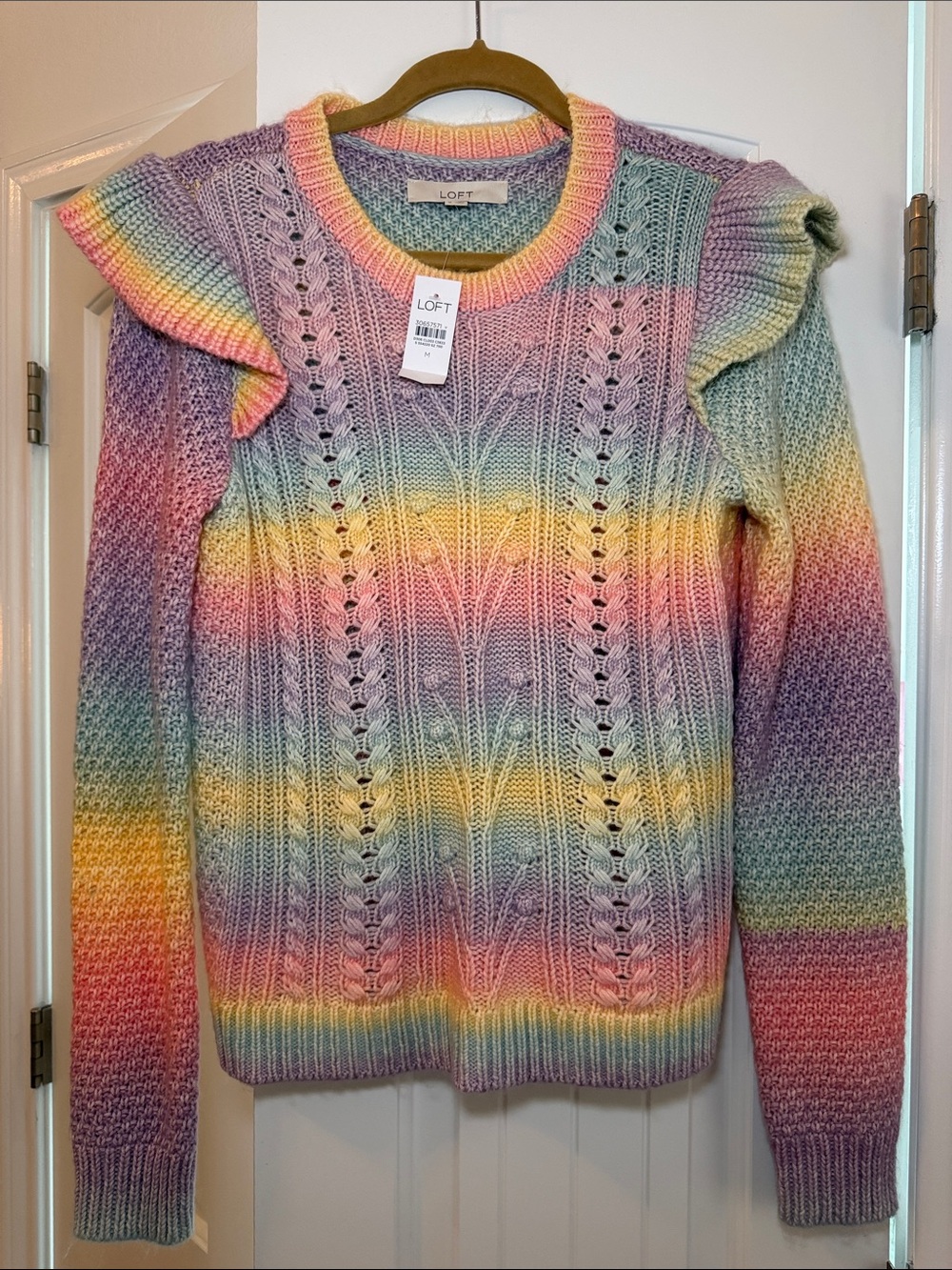 LOFT Pastel Rainbow Ruffle-Shoulder Cable Knit Sweater